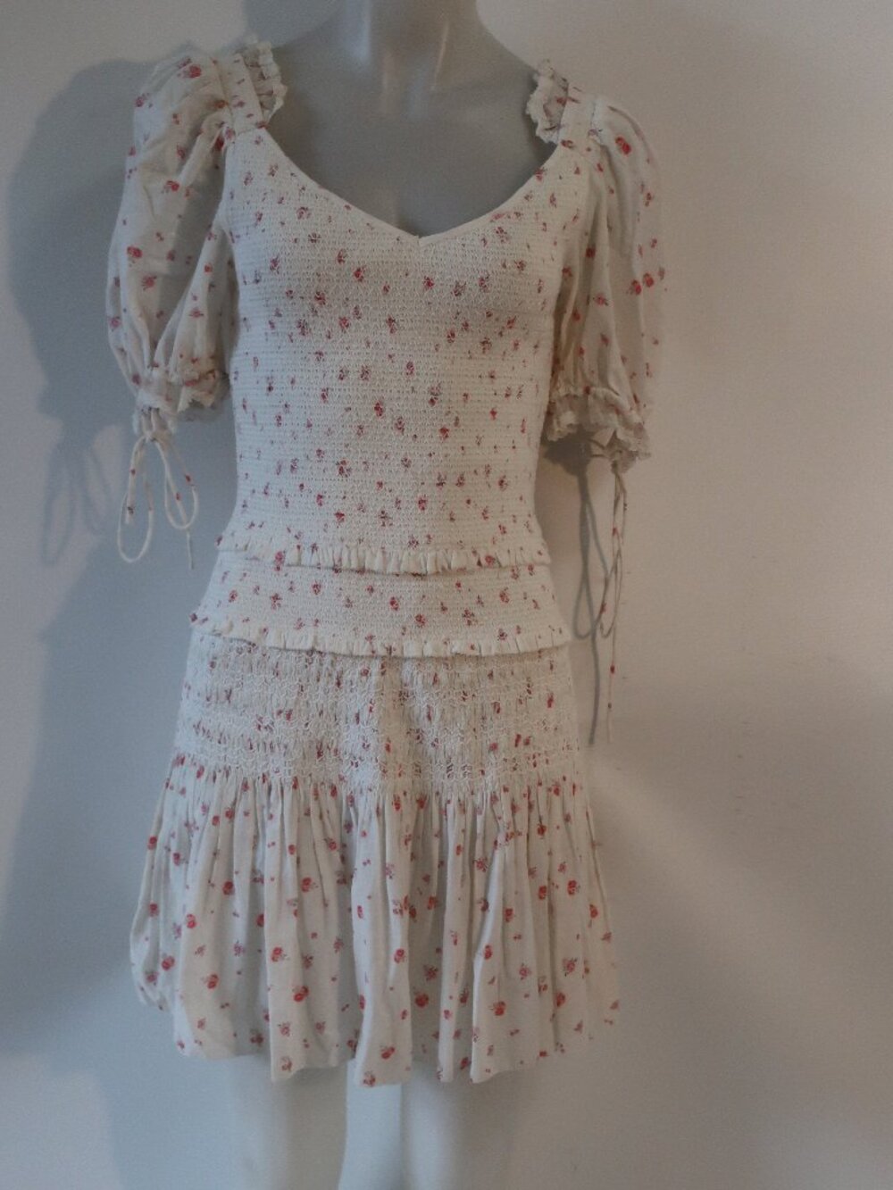 Womens LoveShackFancy Tina Off-White Pink (Item-22) Floral Smocked Mini Dress XS